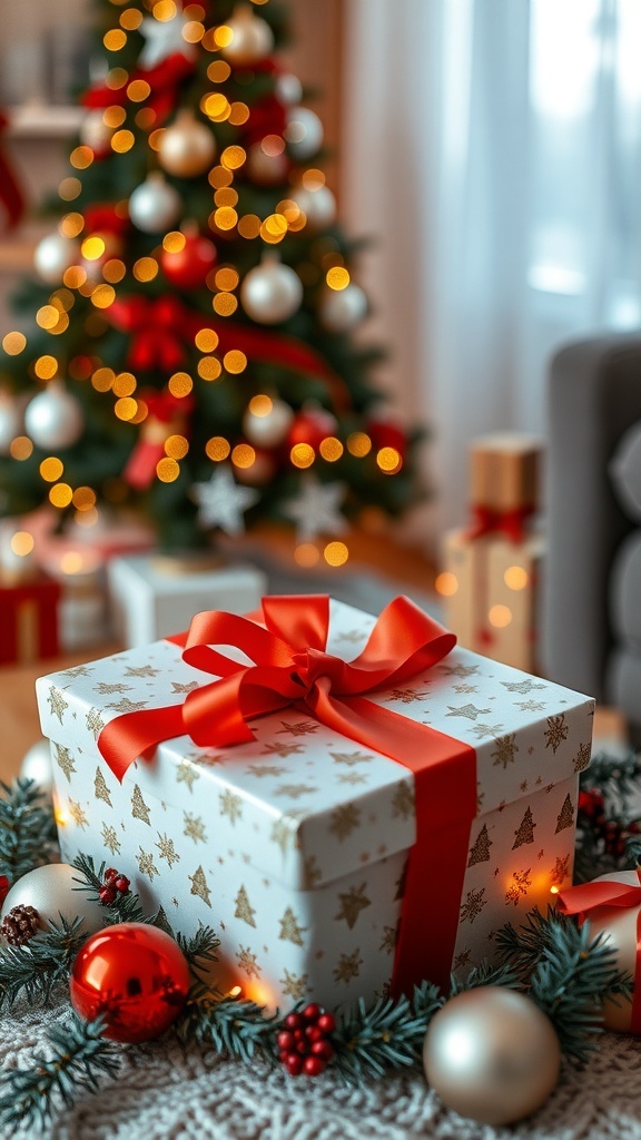 A wrapped Christmas gift box with a ribbon in a cozy holiday setting.